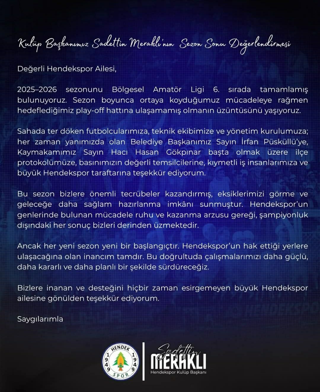 BAŞKAN MERAKLI'DAN SEZON SONU TEŞEKKÜRÜ