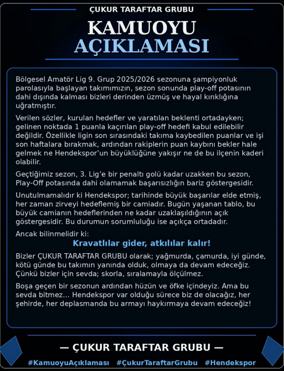 Çukur Taraftar Grubu’ndan Sert Tepki: “Kravatlılar Gider, Atkılılar Kalır!”