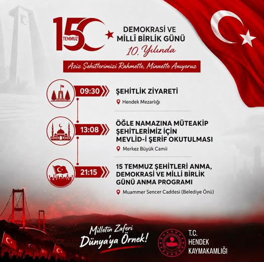 15 Temmuz'un 10. Yılında Hendek'te Anma Programı Düzenlenecek