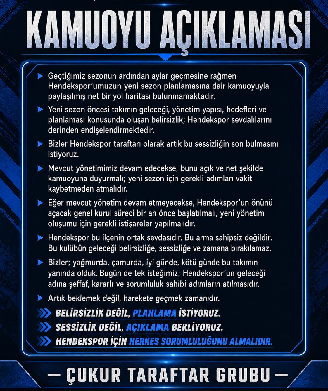 Çukur Taraftar Grubu'ndan Hendekspor Yönetimine Çağrı: