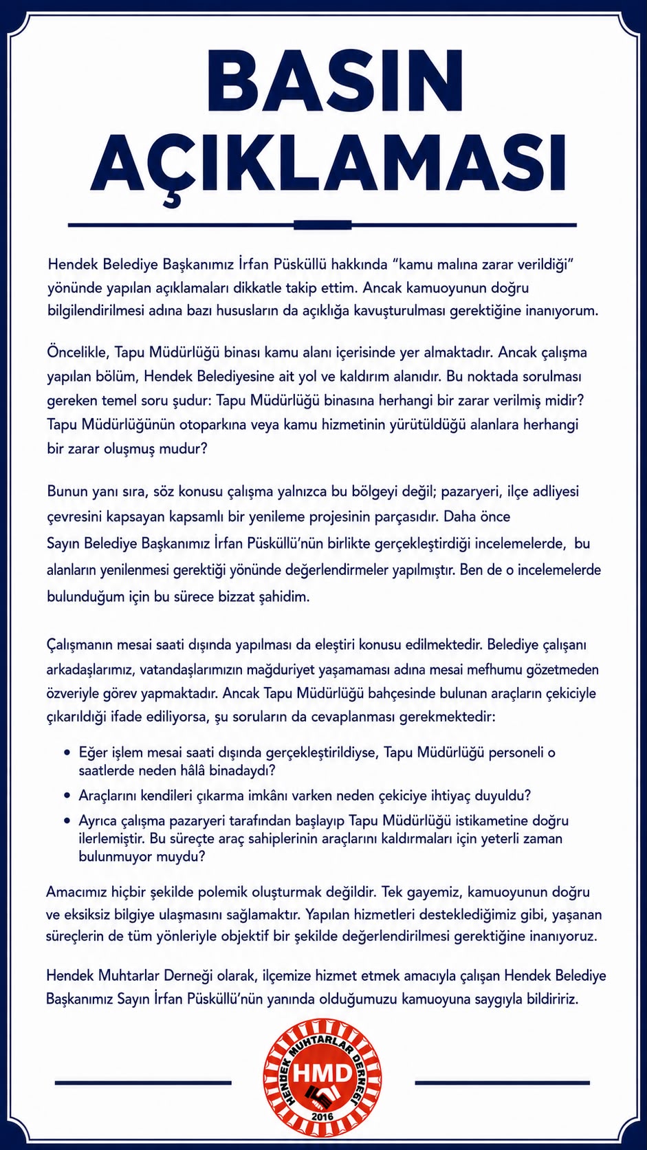 HENDEK MUHTARLAR DERNEĞİ'NDEN BASIN AÇIKLAMASI!